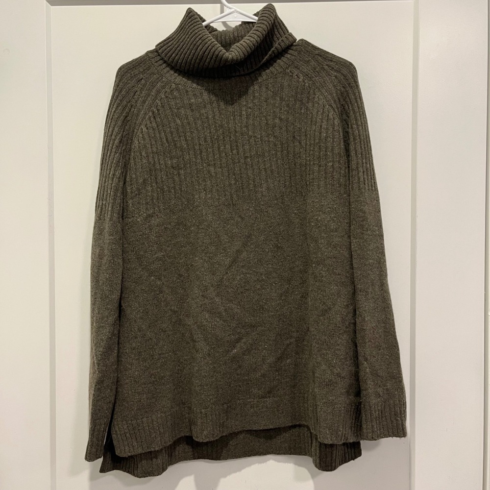 Pura Cashmere Turtleneck Sweater XL Olive Green Ribbed Knit Raglan Pullover